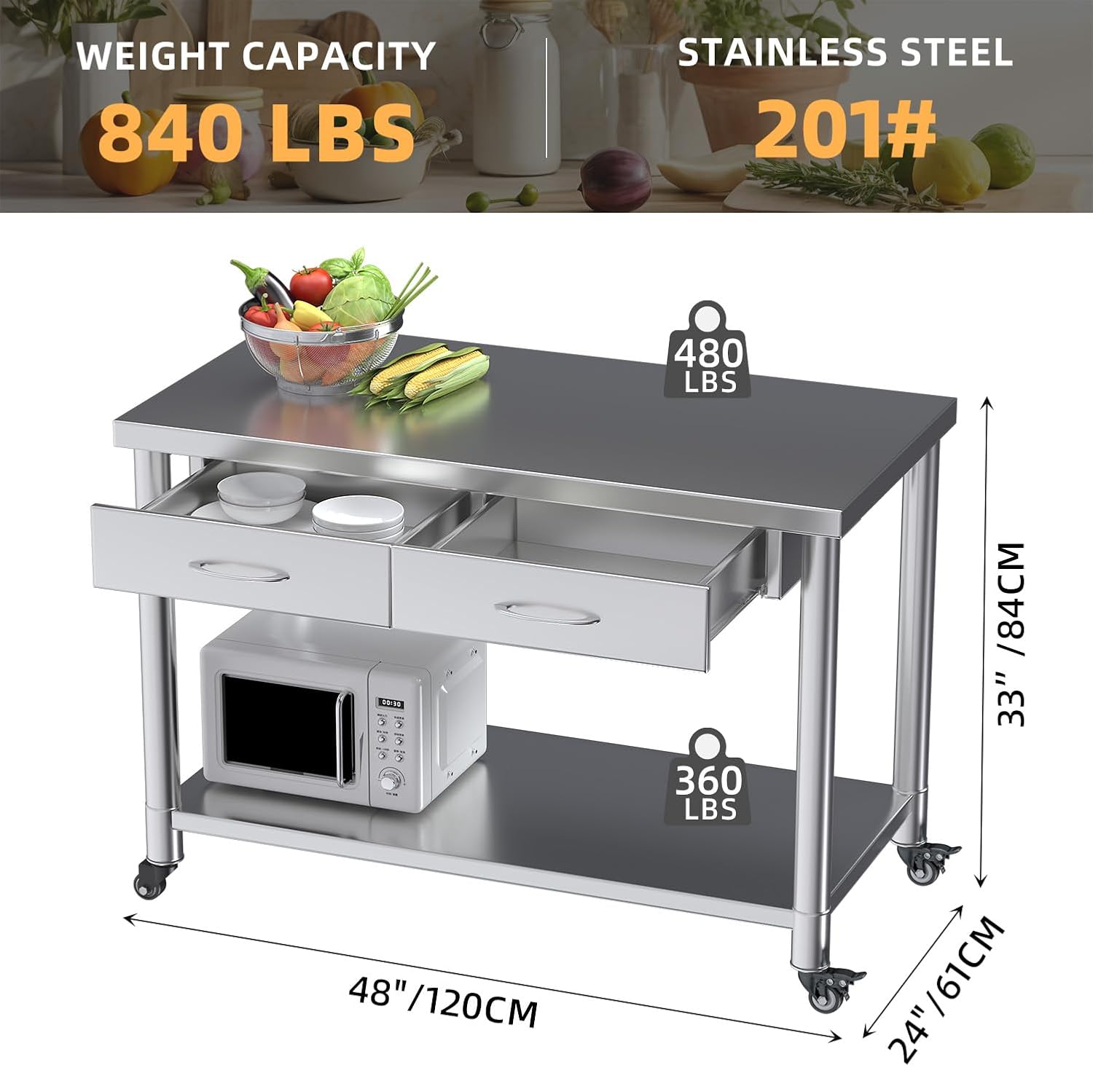 서랍이 있는 스테인리스 스틸 테이블, 48”x24” 주 - Commercial Kitchen Prep Table 리뷰 및 가격