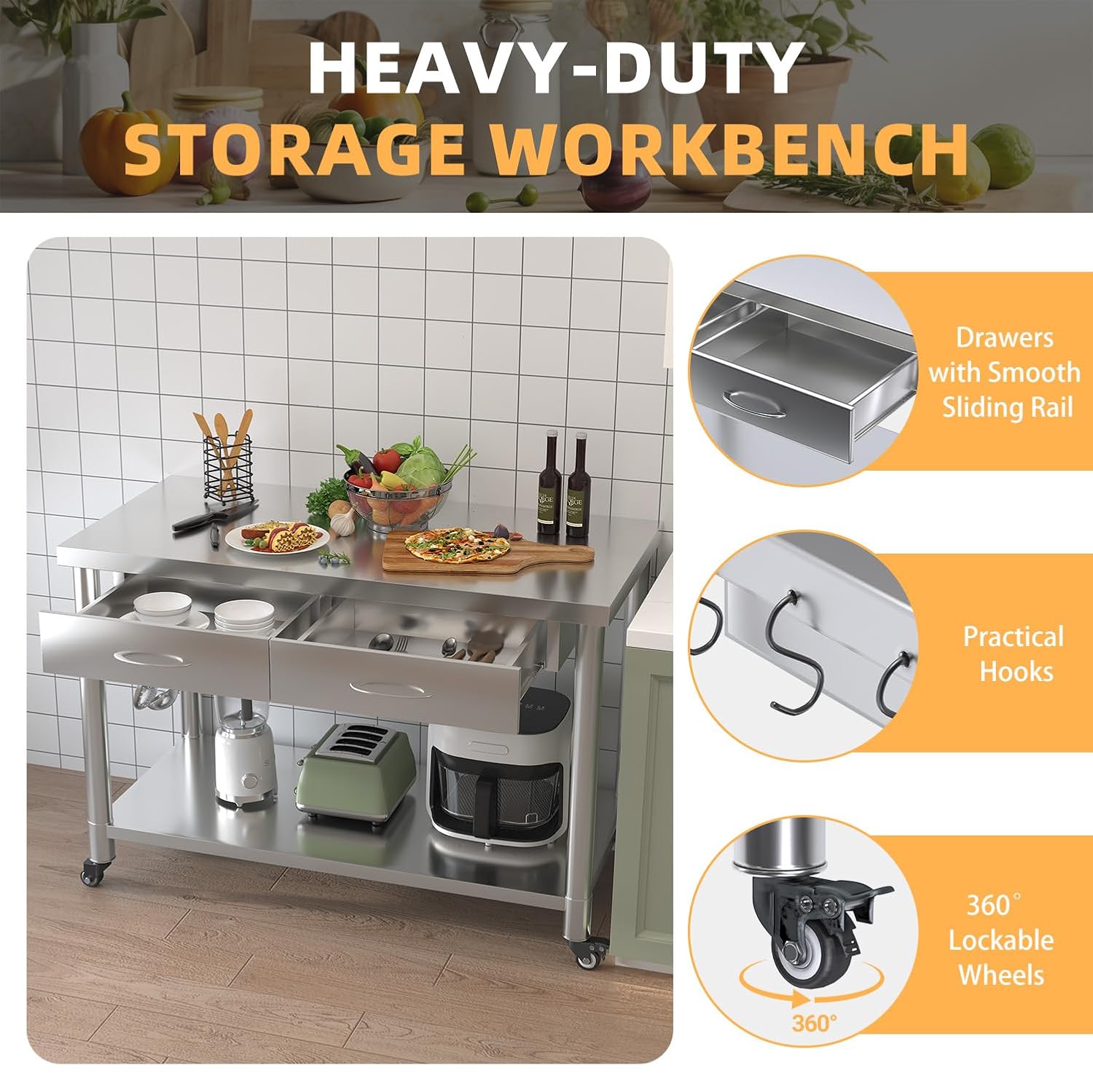 서랍이 있는 스테인리스 스틸 테이블, 48”x24” 주 - Commercial Kitchen Prep Table 리뷰 및 가격